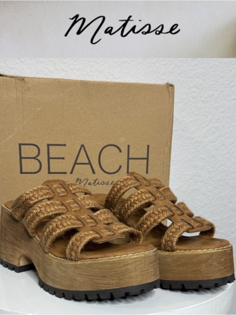 BEACH BY MATISSE DAZE COGNAC BRAIDED JUTE PLATFORM SANDALS BOHO CHUNKY **NIB**